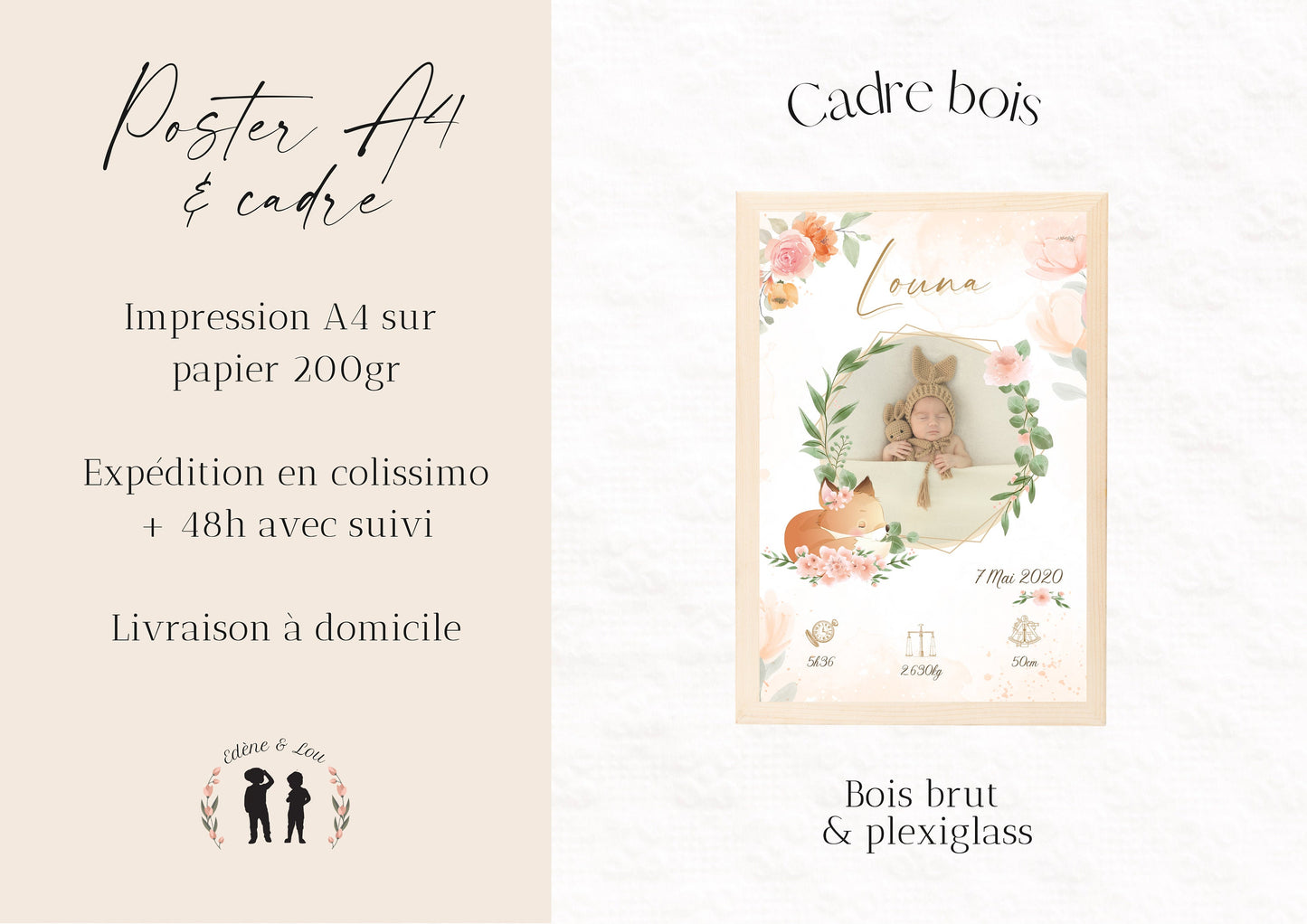 Affiche de naissance personnalisée Renard et fleurs avec photo