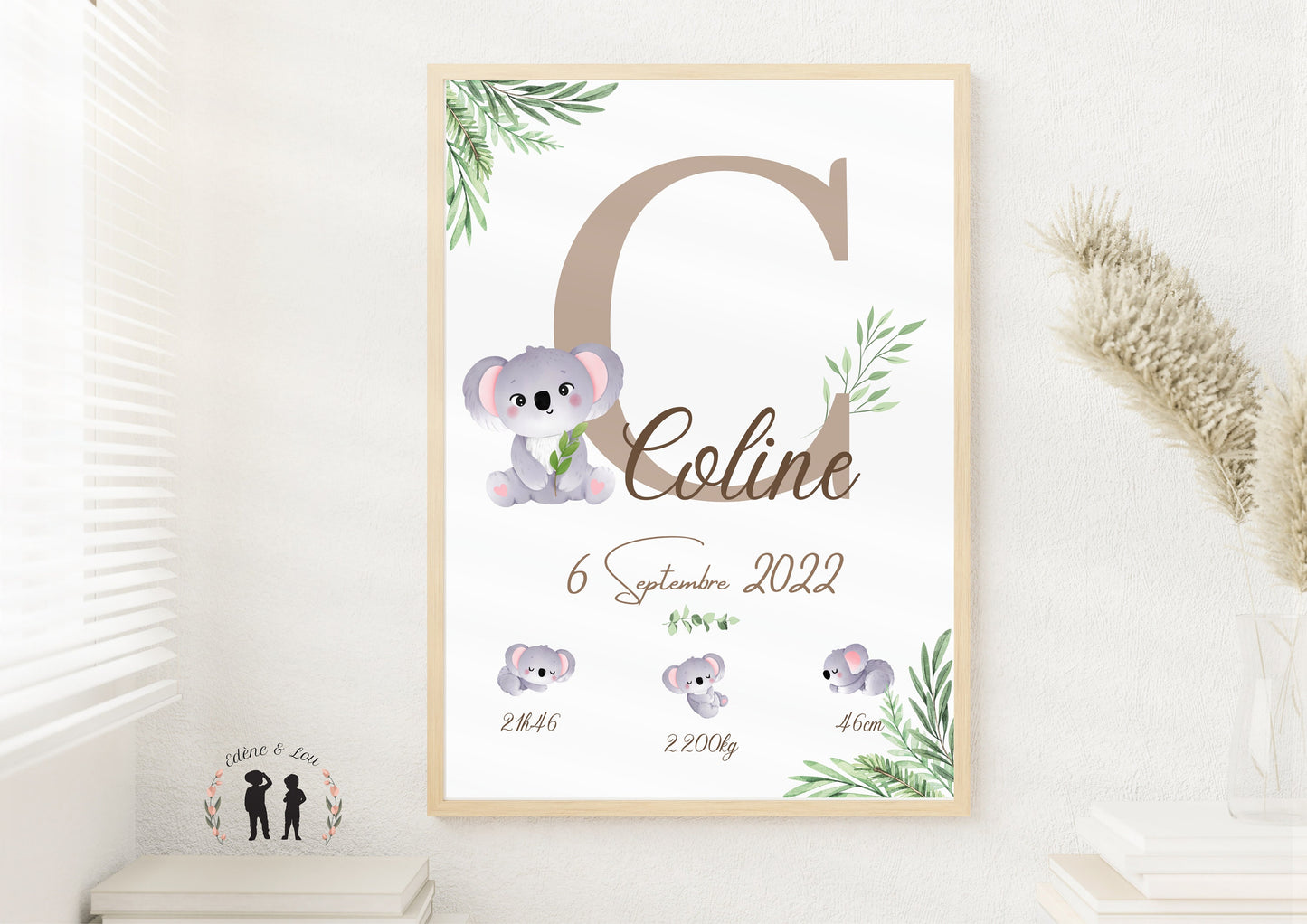 Affiche de naissance personnalisée Koala - taupe ou bleu