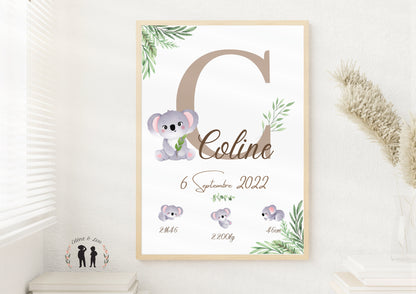 Affiche de naissance personnalisée Koala - taupe ou bleu