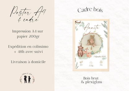 Affiche de naissance personnalisée bébé photo animaux de la forêt