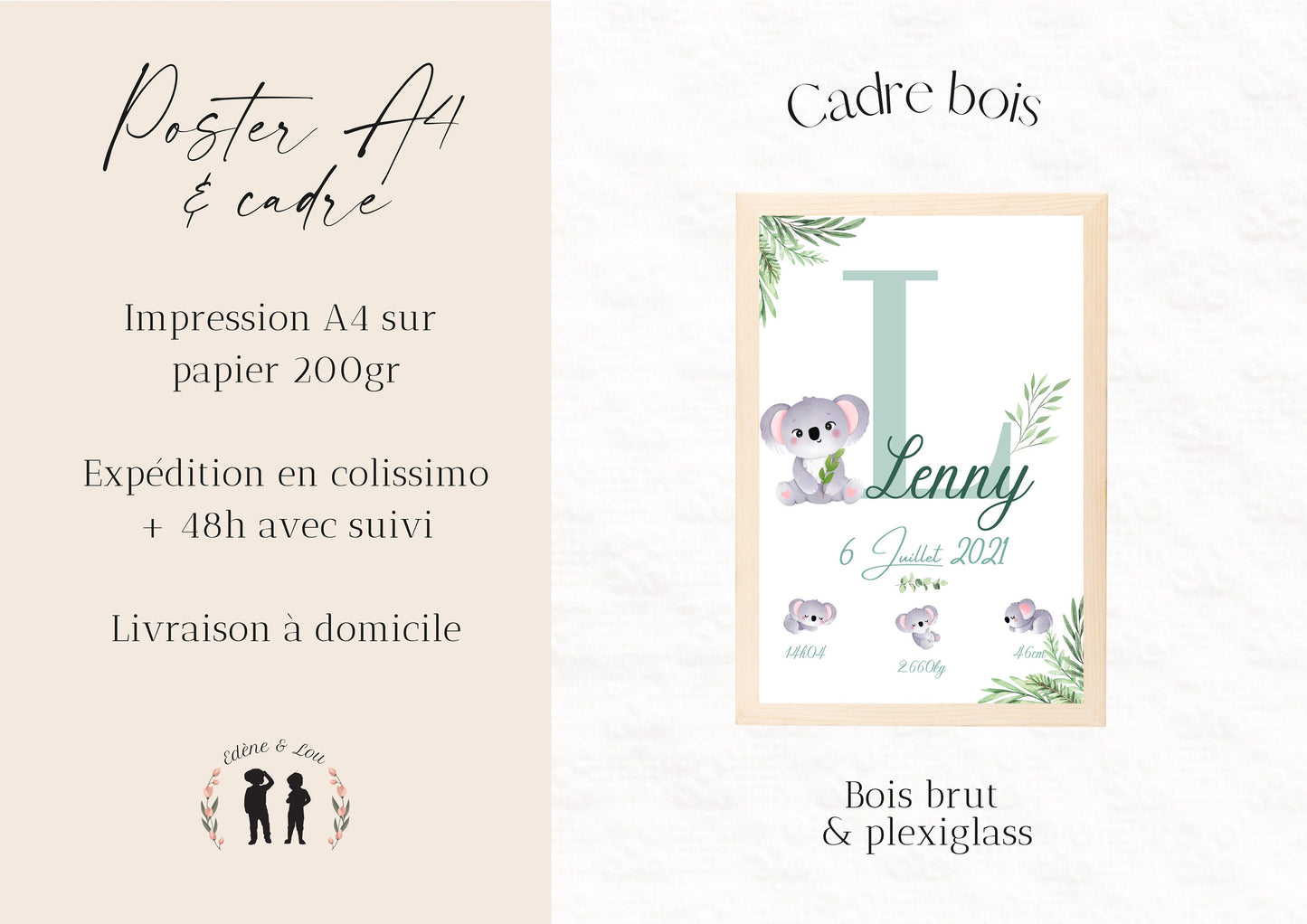 Affiche de naissance personnalisée Koala - taupe ou bleu