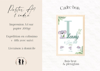 Affiche de naissance personnalisée Koala - taupe ou bleu