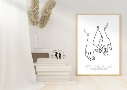 Affiche mains famille couple personnalisée - famille parents bébé enfant prénom minimaliste