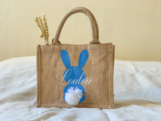 Sac de Pâques personnalisé - mini cabas en jute personnalisé - sac enfant - lapin et pompon