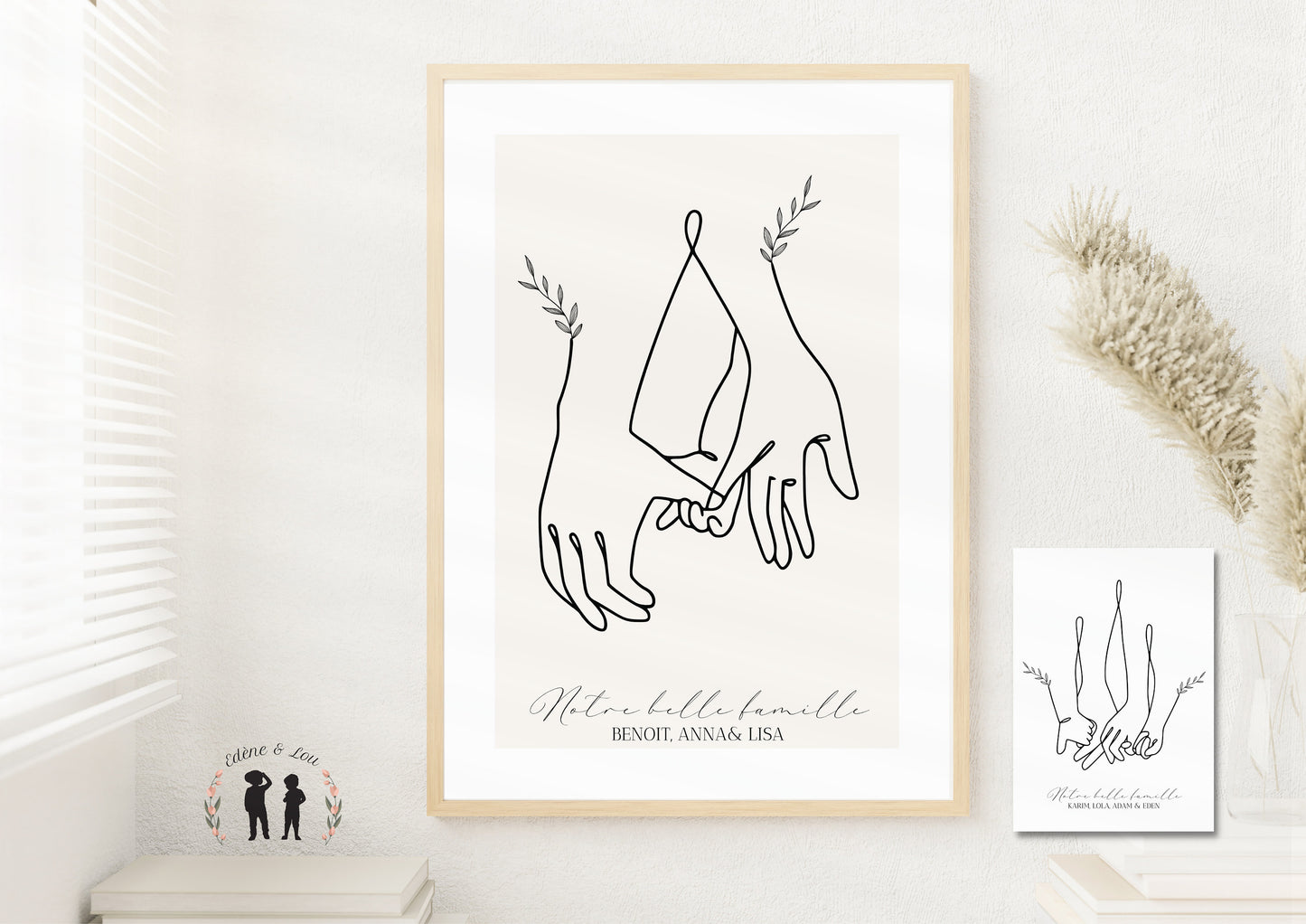 Affiche mains famille couple personnalisée - famille parents bébé enfant prénom minimaliste