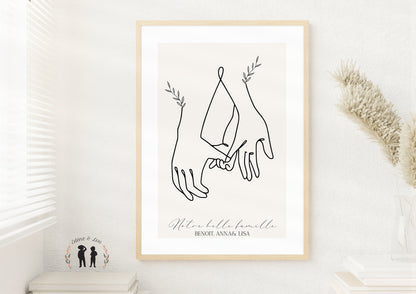 Affiche mains famille couple personnalisée - famille parents bébé enfant prénom minimaliste