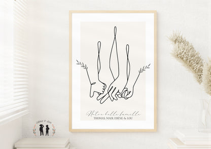 Affiche mains famille couple personnalisée - famille parents bébé enfant prénom minimaliste