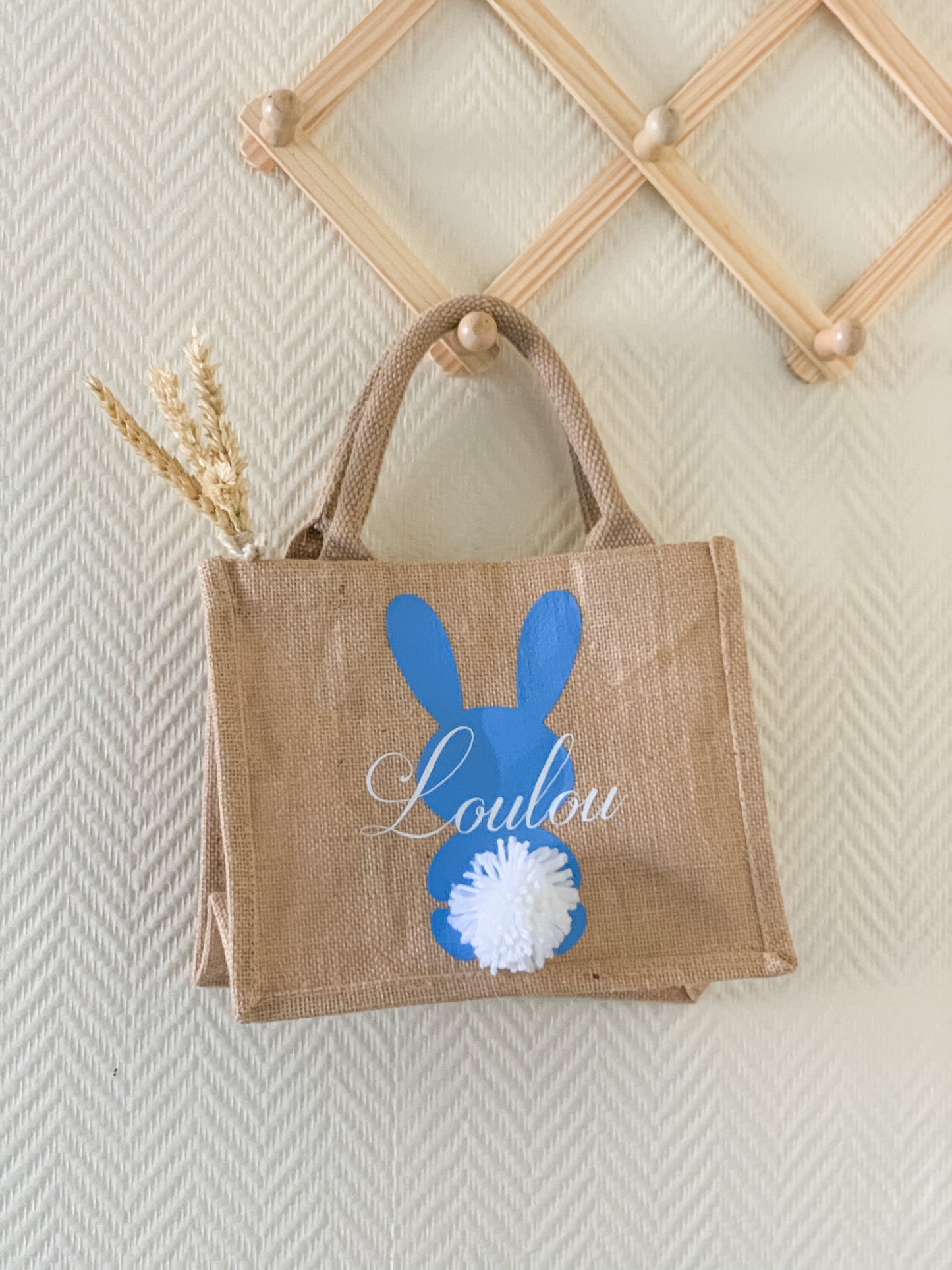 Sac de Pâques personnalisé - mini cabas en jute personnalisé - sac enfant - lapin et pompon