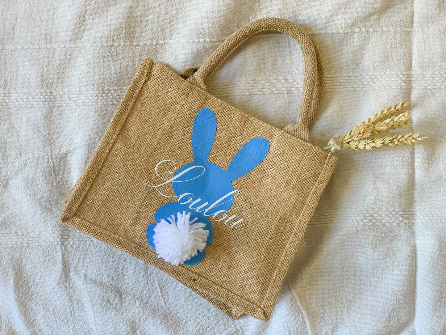 Sac de Pâques personnalisé - mini cabas en jute personnalisé - sac enfant - lapin et pompon