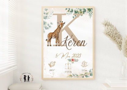 Affiche de naissance personnalisée Girafe