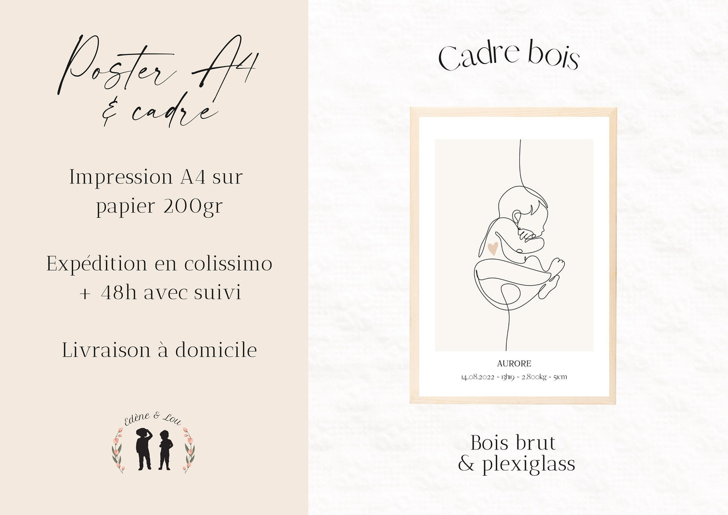 Affiche de naissance personnalisée ligne - bébé, mains, amour - minimaliste LineArt