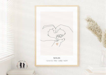 Affiche de naissance personnalisée ligne - bébé, mains, amour - minimaliste LineArt