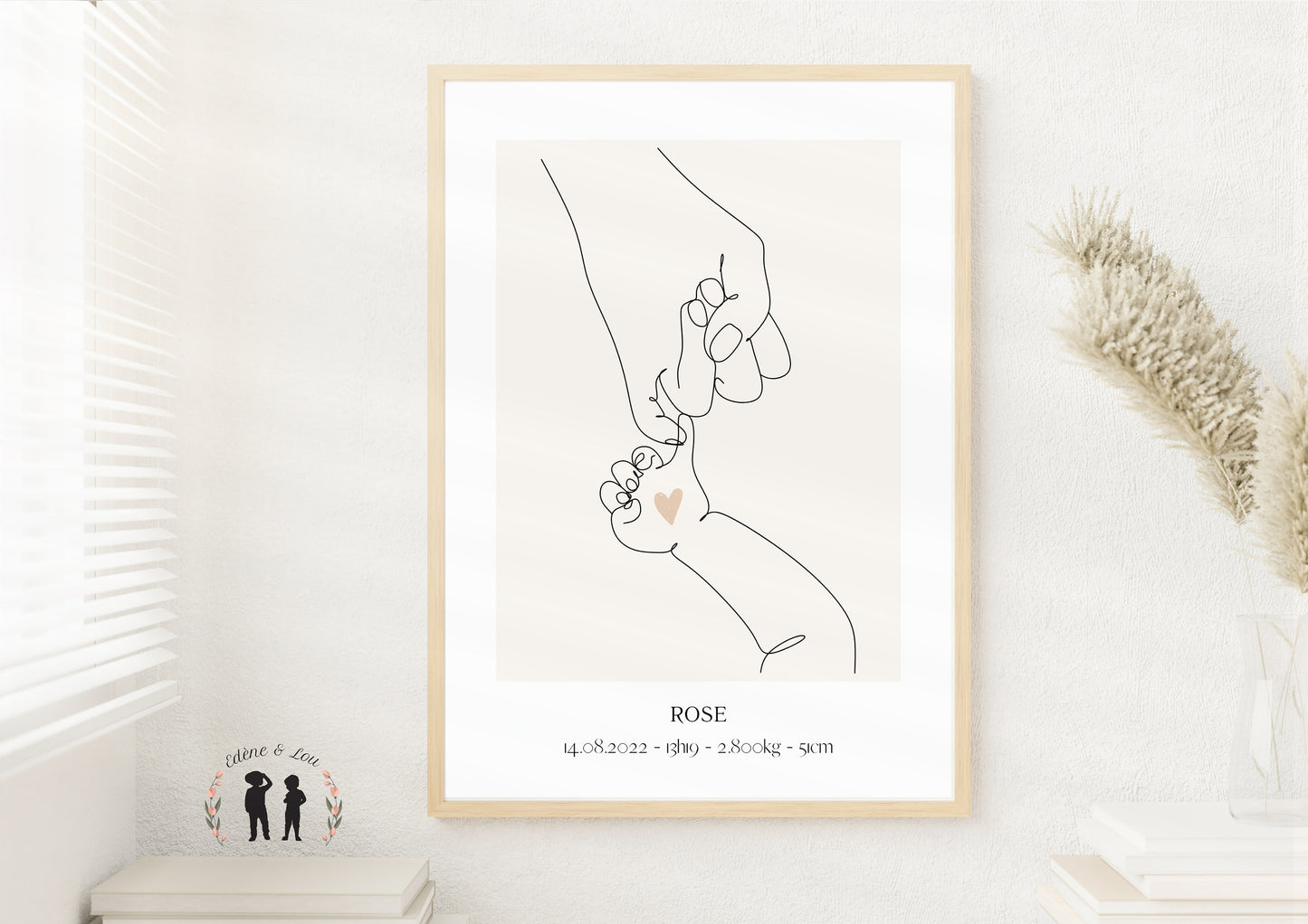 Affiche de naissance personnalisée ligne - bébé, mains, amour - minimaliste LineArt