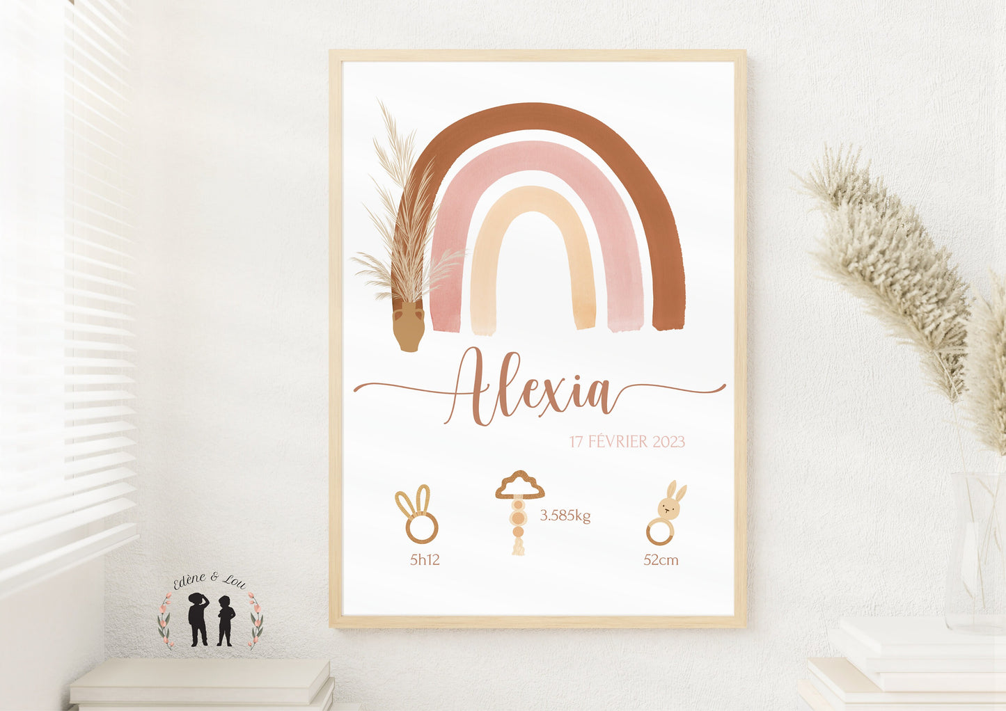 Affiche de naissance Arc-en-ciel rose boho personnalisée