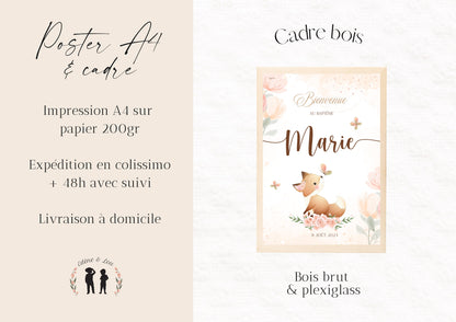 Affiche personnalisée Bienvenue baptême, anniversaire ou Baby Shower "Renard"