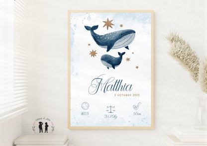 Affiche de naissance Baleines personnalisée - maman et bébé