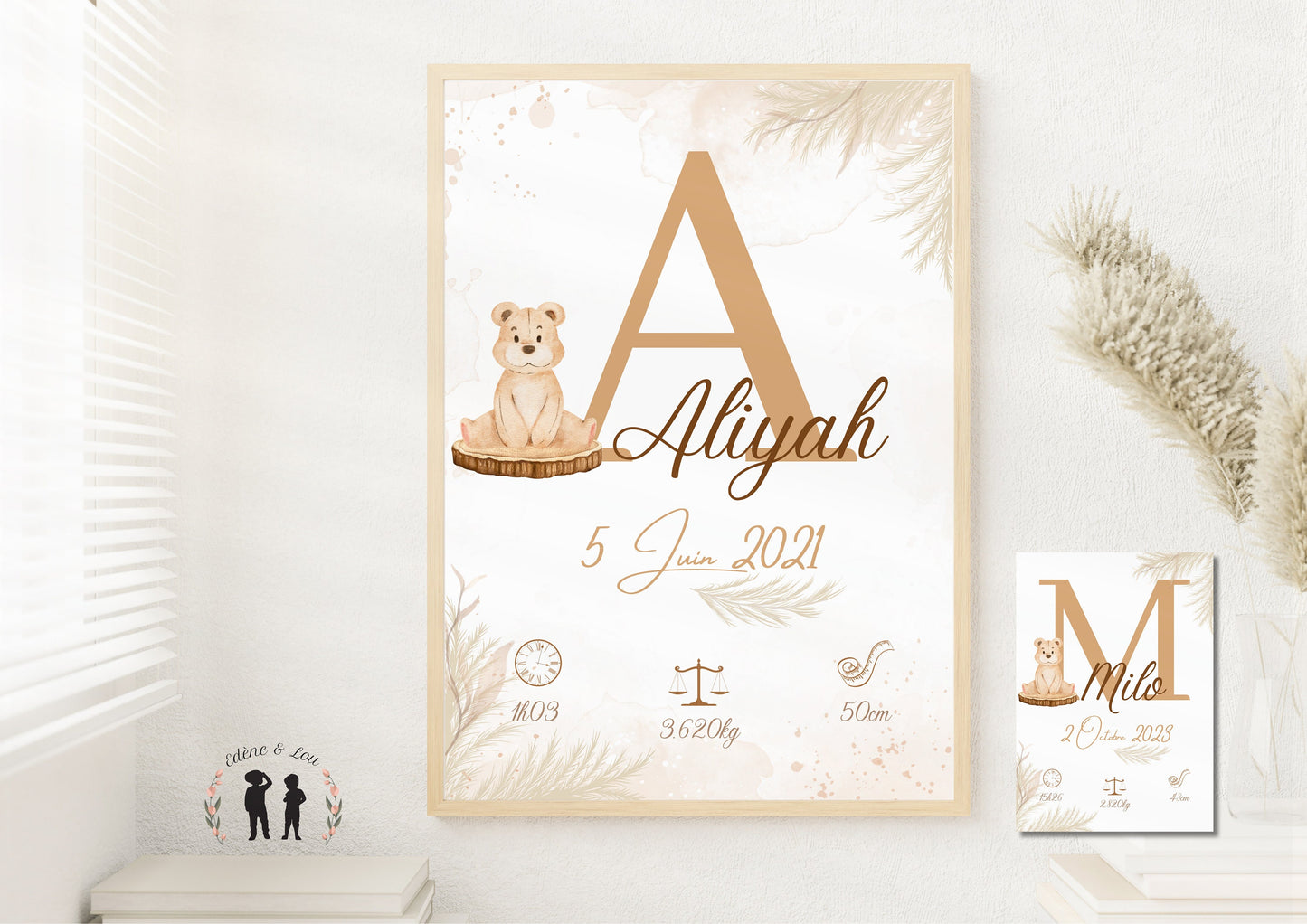 Affiche de naissance personnalisée bébé Ourson boho