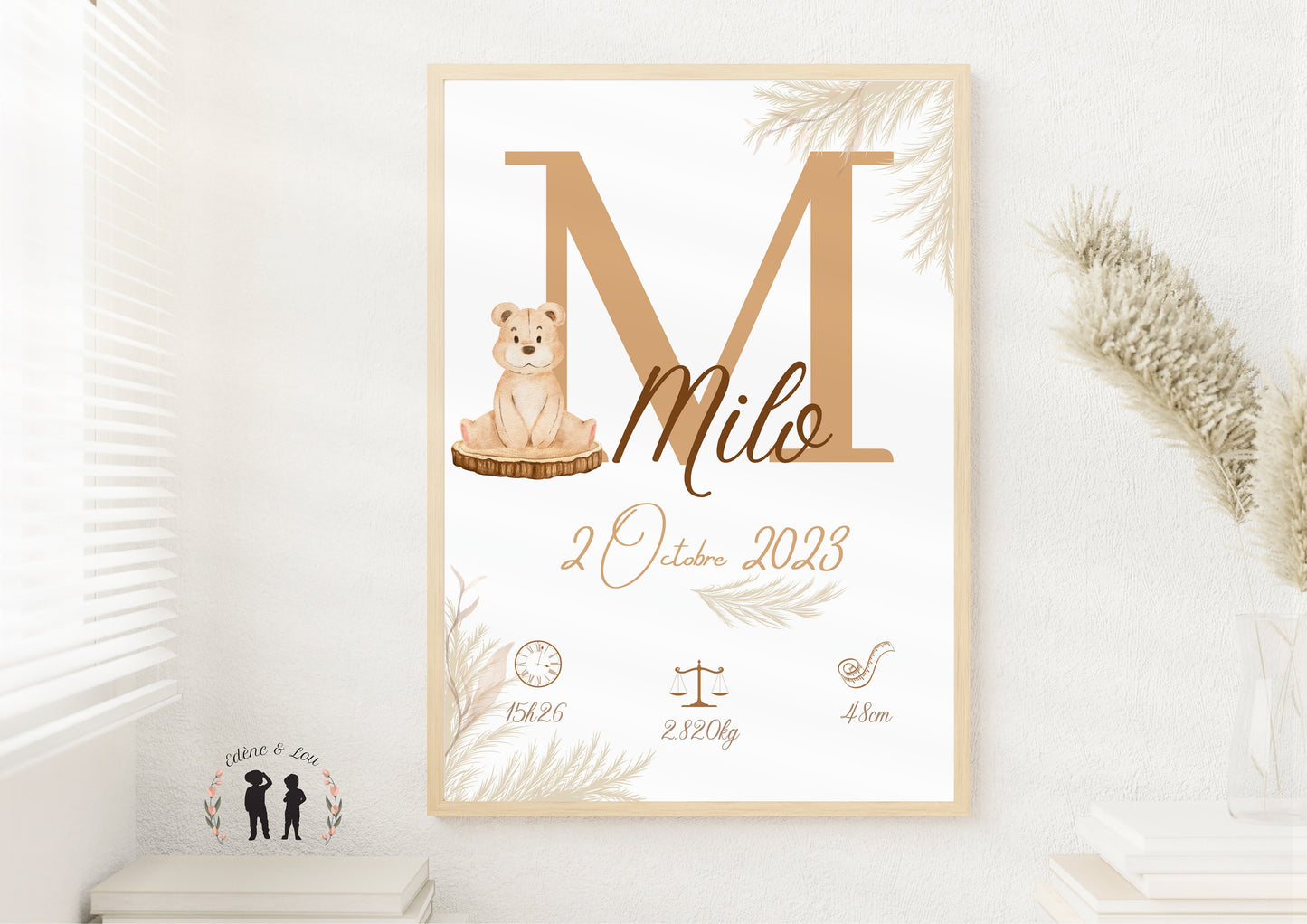 Affiche de naissance personnalisée bébé Ourson boho