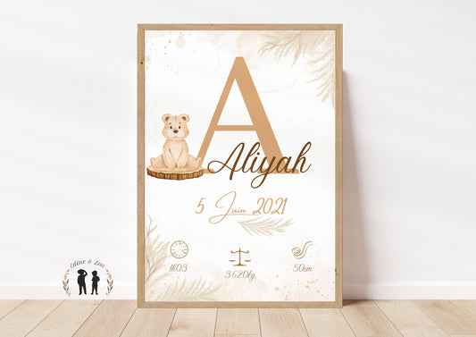 Affiche de naissance personnalisée bébé Ourson boho