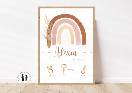 Affiche de naissance Arc-en-ciel rose boho personnalisée