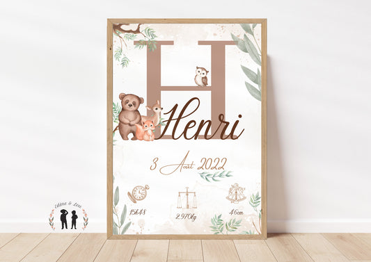 Affiche de naissance personnalisée animaux de la forêt