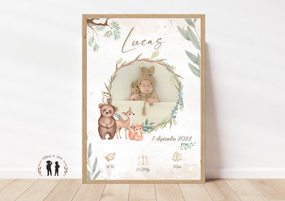 Affiche de naissance personnalisée bébé photo animaux de la forêt