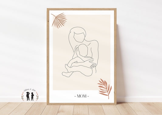 Affiche décorative minimaliste boho maman & bébé LineArt