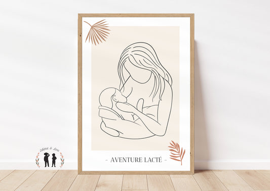 Affiche décorative minimaliste boho allaitement personnalisée - maman et bébé LineArt