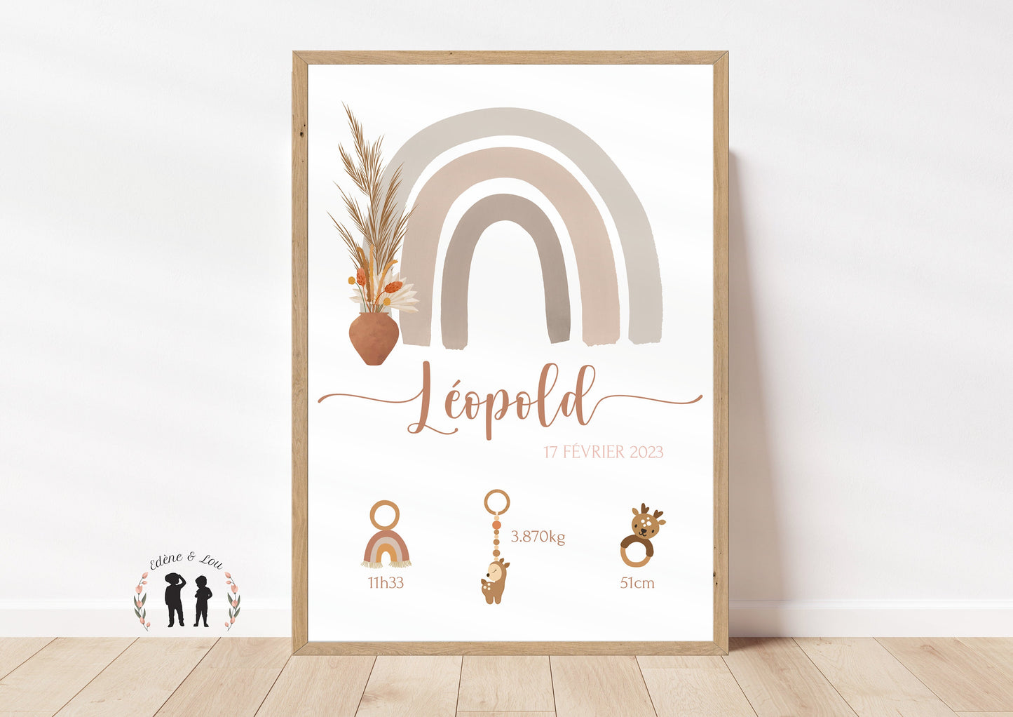 Affiche de naissance Arc-en-ciel taupe boho personnalisée