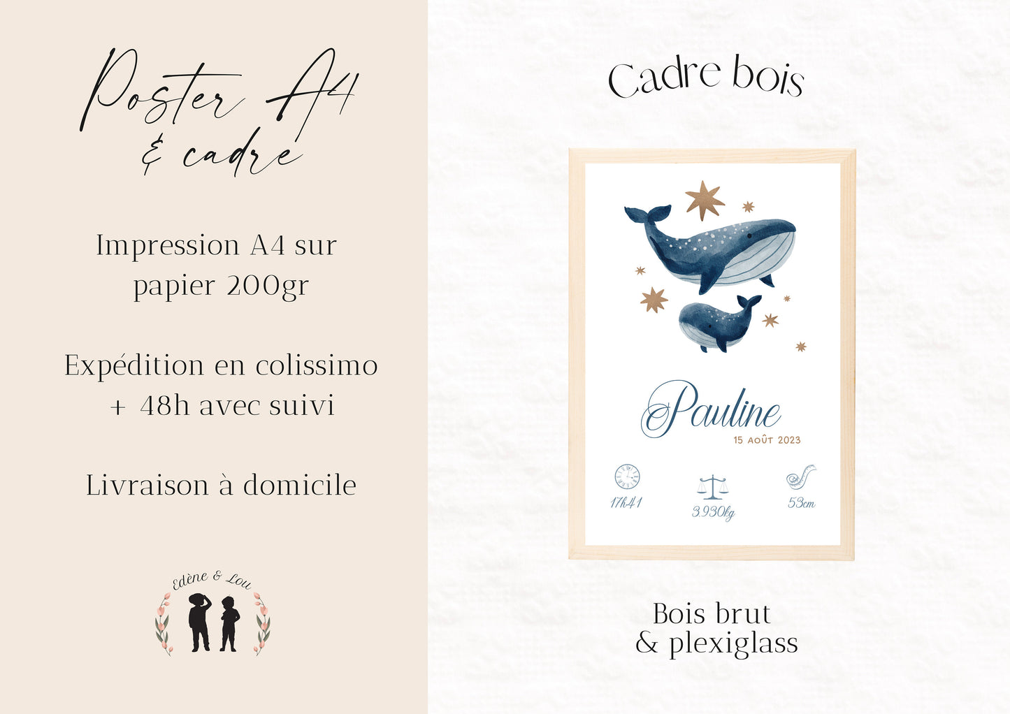 Affiche de naissance Baleines personnalisée - maman et bébé