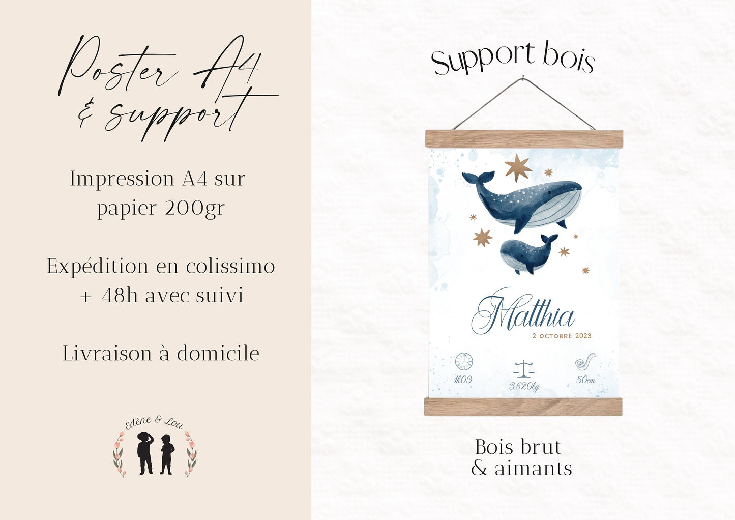 Affiche de naissance Baleines personnalisée - maman et bébé