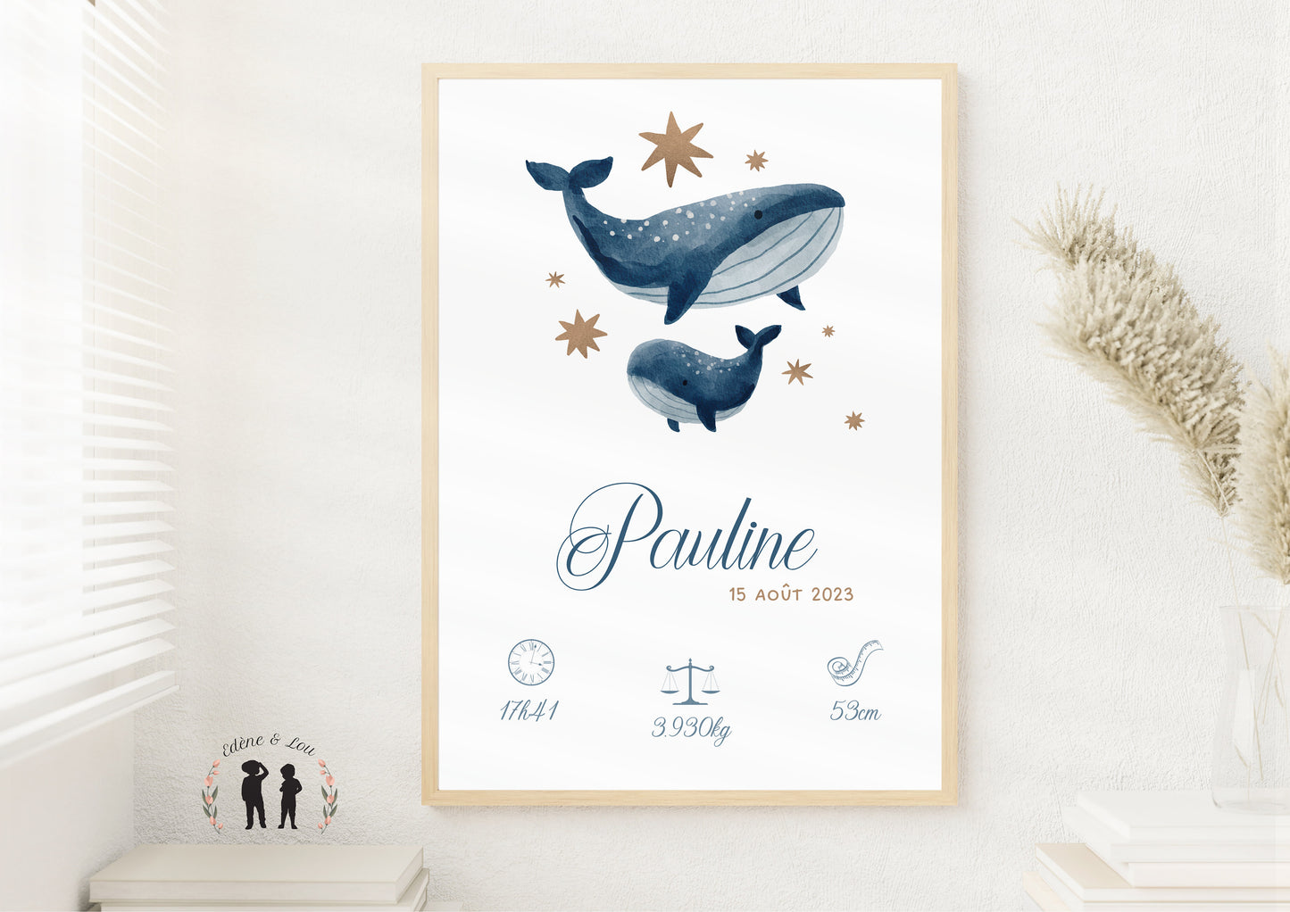 Affiche de naissance Baleines personnalisée - maman et bébé