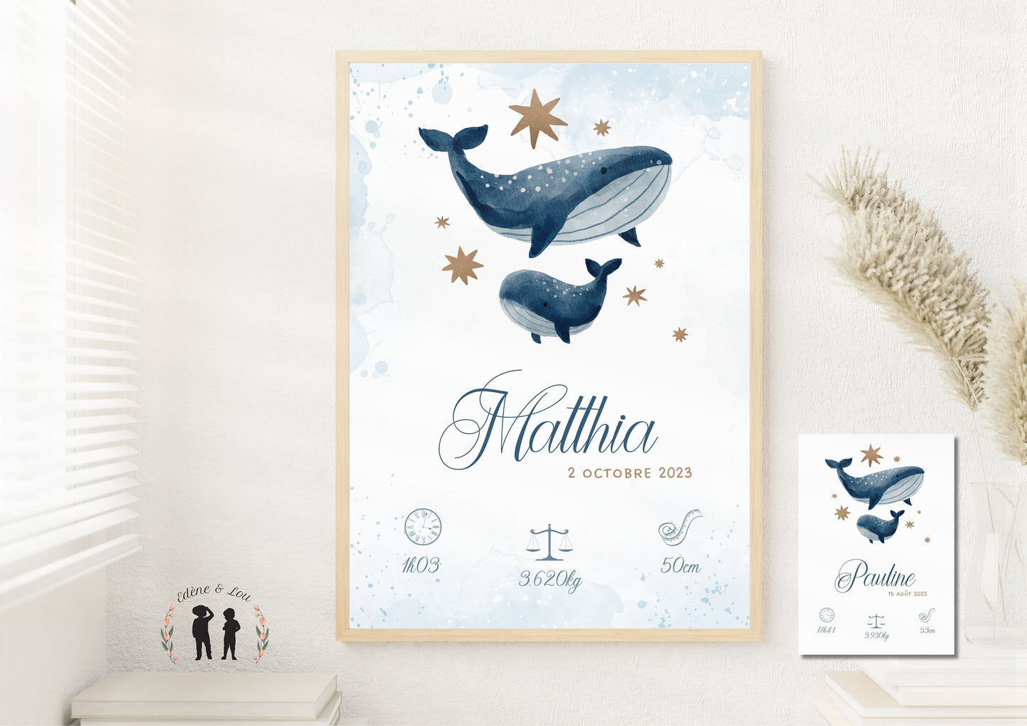 Affiche de naissance Baleines personnalisée - maman et bébé