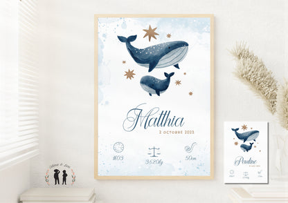 Affiche de naissance Baleines personnalisée - maman et bébé