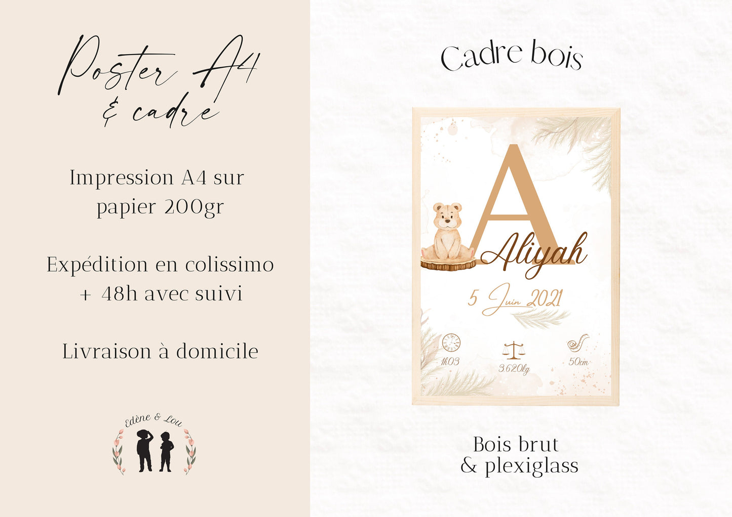 Affiche de naissance personnalisée bébé Ourson boho