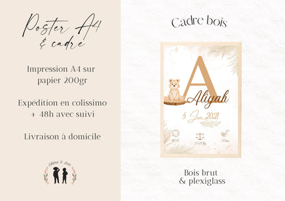 Affiche de naissance personnalisée bébé Ourson boho