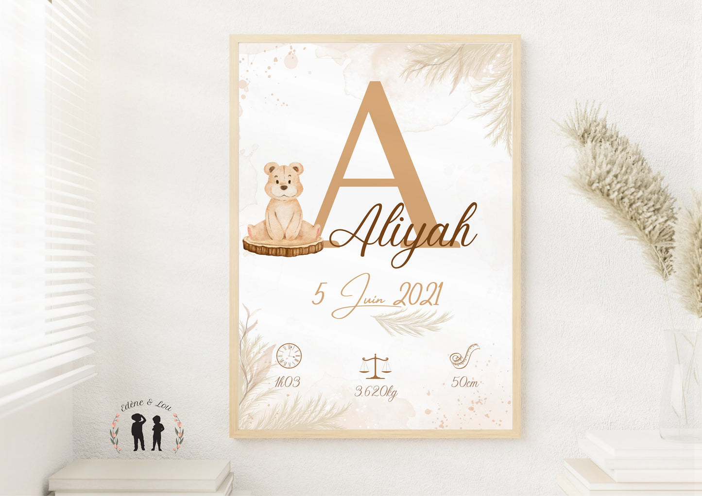 Affiche de naissance personnalisée bébé Ourson boho