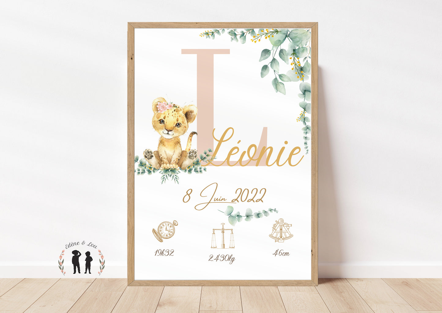 Affiche de naissance personnalisée Lionceau rose