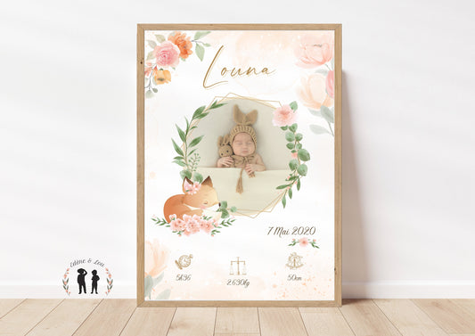 Affiche de naissance personnalisée Renard et fleurs avec photo