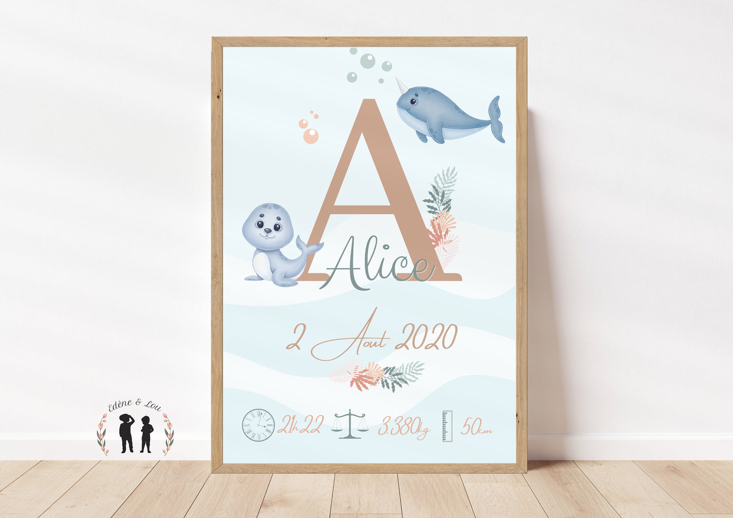 Affiche de naissance personnalisée Animaux marins océan