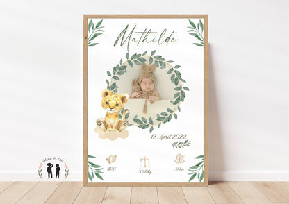 Affiche de naissance personnalisée bébé photo lionceau