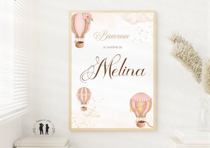 affiche bienvenue personnalisée anniversaire ou baptême montgolfière rose fleur