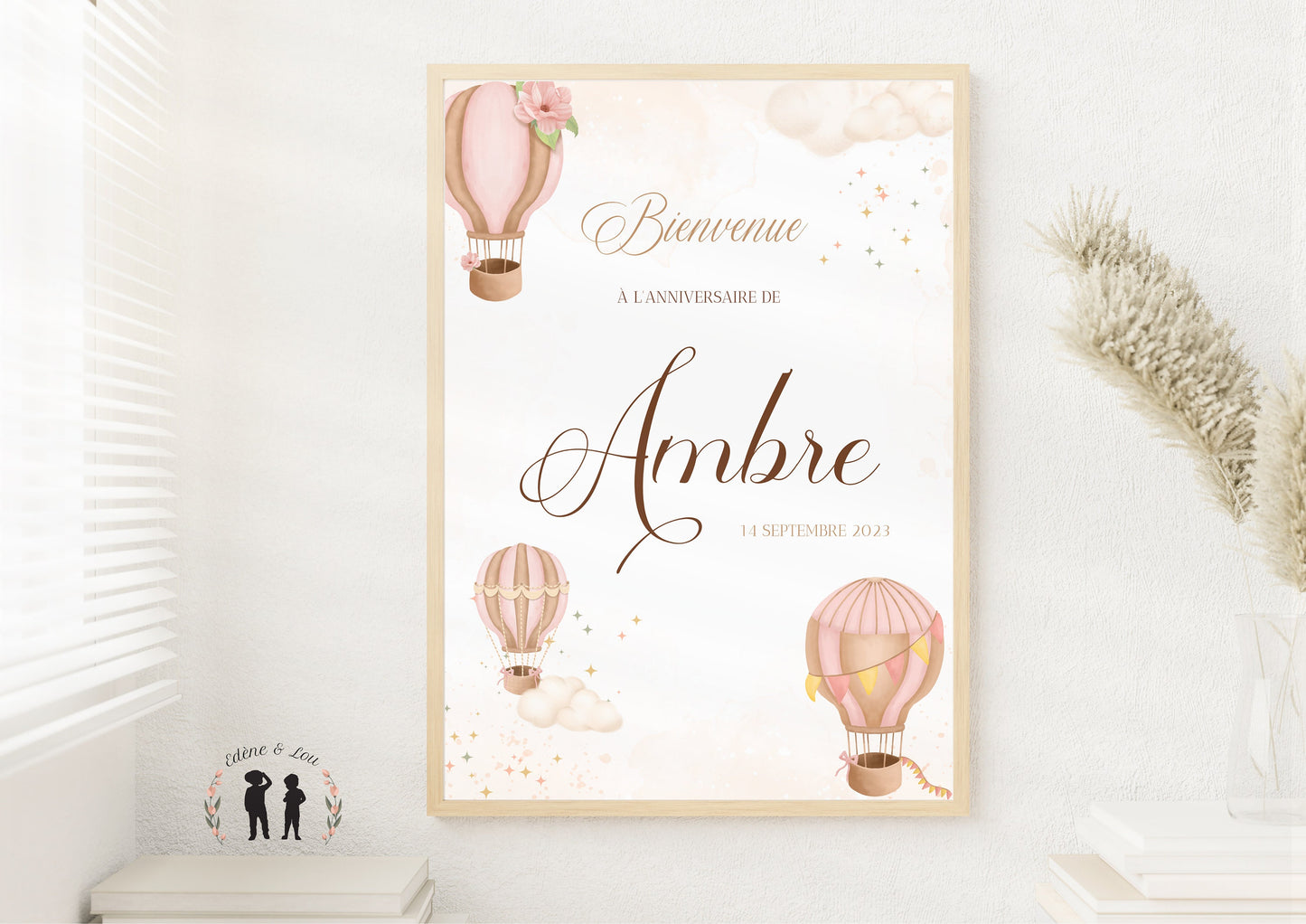 affiche bienvenue personnalisée anniversaire ou baptême montgolfière rose fleur