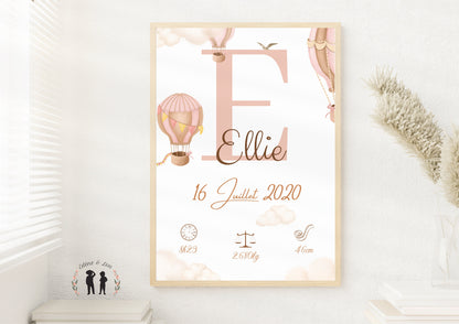 Affiche de naissance personnalisée montgolfière rose