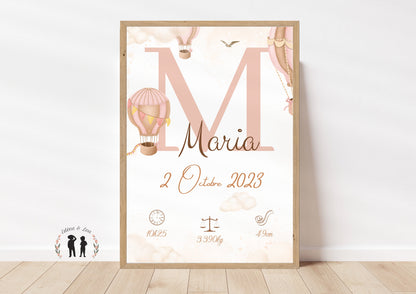 Affiche de naissance personnalisée montgolfière rose