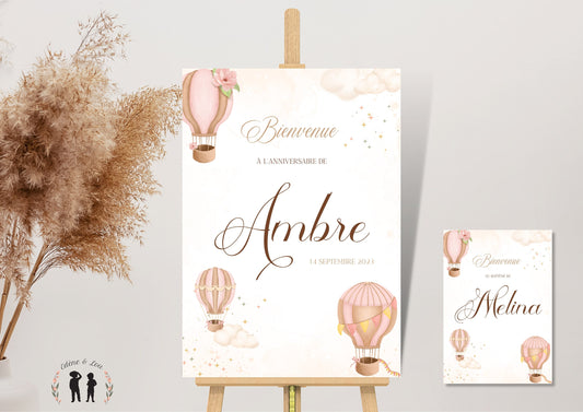 affiche bienvenue personnalisée anniversaire ou baptême montgolfière rose fleur