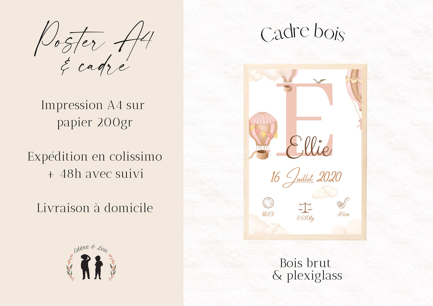 Affiche de naissance personnalisée montgolfière rose