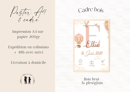 Affiche de naissance personnalisée montgolfière rose