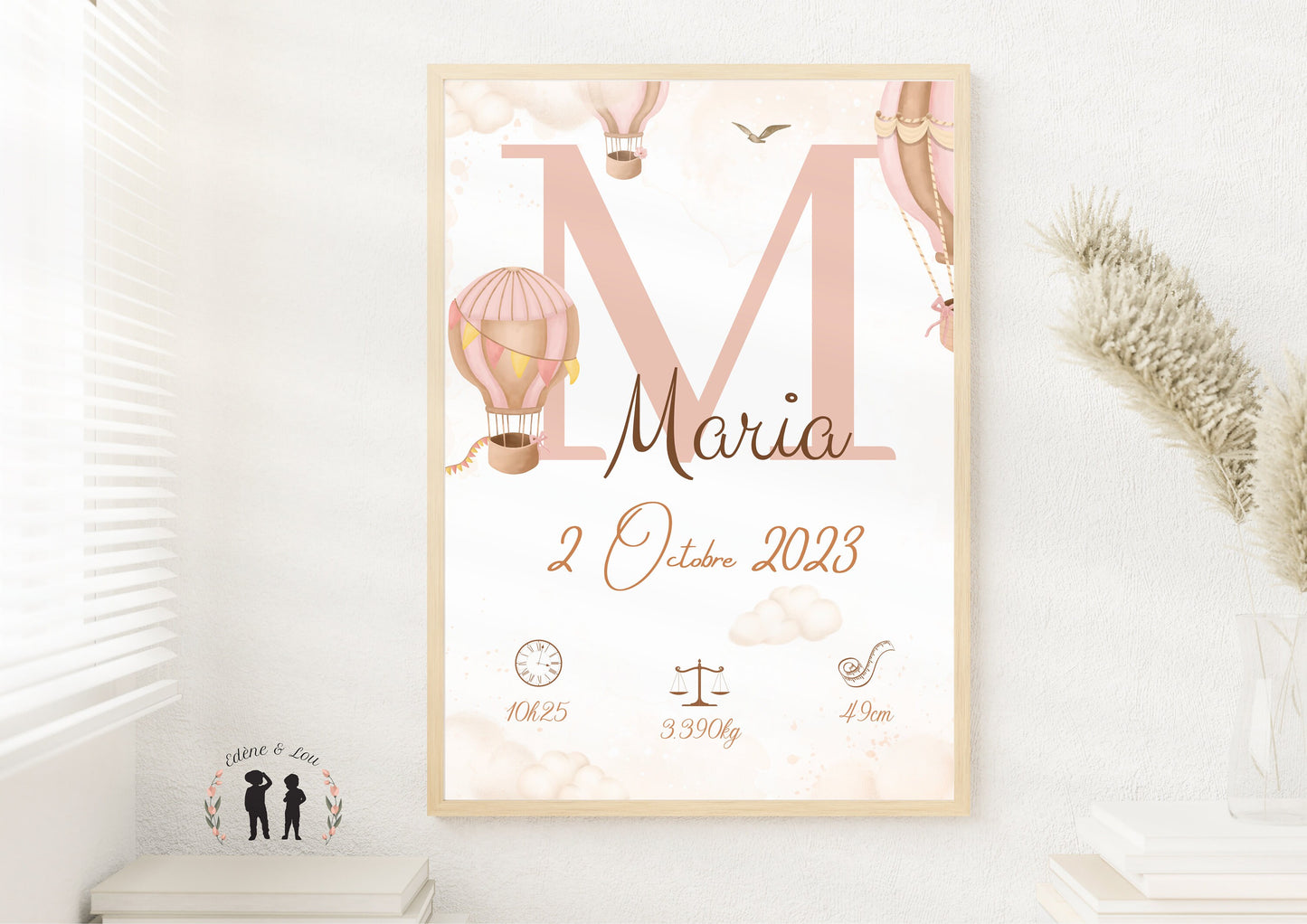 Affiche de naissance personnalisée montgolfière rose