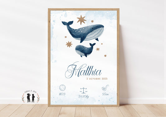 Affiche de naissance Baleines personnalisée - maman et bébé